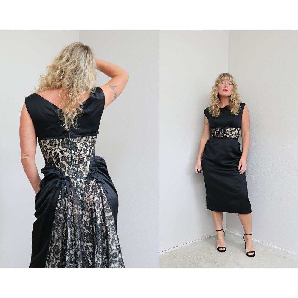 1950's Vintage Georgia Wells Liquid Satin & Illusion Lace Party Dress Women's XS